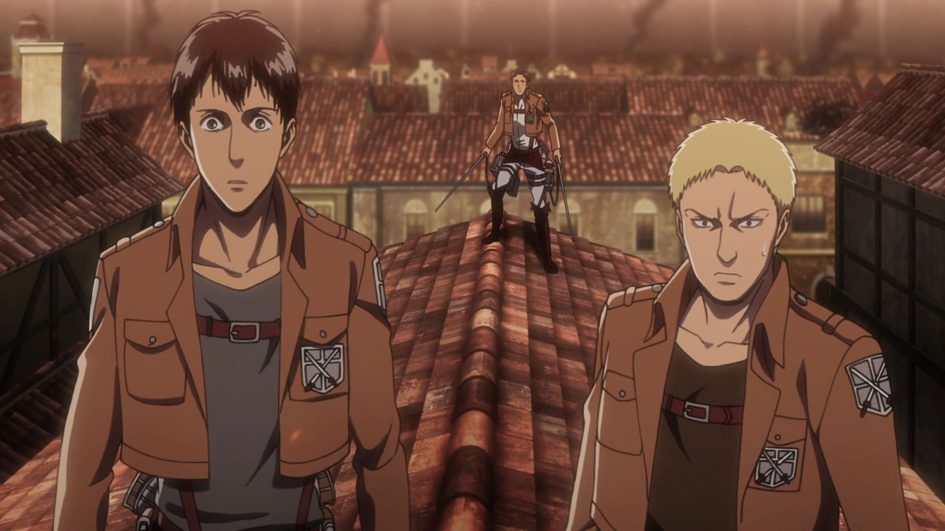 Reiner leaves a member of the Survey Corps to his death (Image via Wit Studio)
